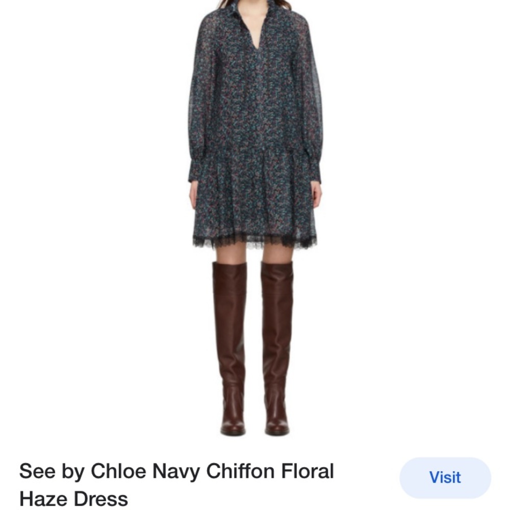 SEE BY CHLOE sz 40 Navy print chiffon floral haze Sheer bohemian festival dress